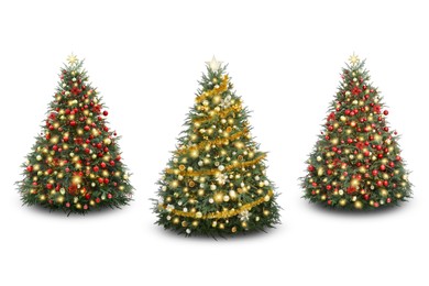 Christmas trees decorated with ornaments and festive lights isolated on white, set