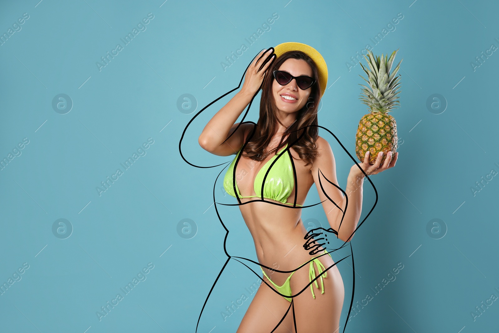 Image of Beautiful slim woman after weight loss on light blue background 