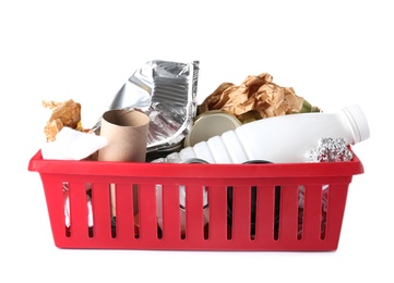 Photo of Crate with different garbage on white background. Trash recycling