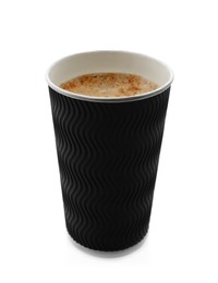 Photo of Aromatic coffee in takeaway paper cup isolated on white