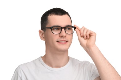 Photo of Young man with glasses on white background