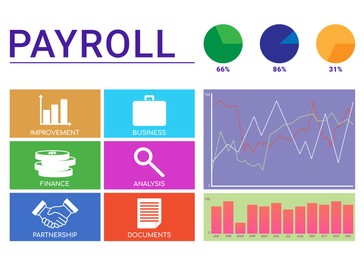 Illustration of Payroll concept.  business icons, graphs and circle charts