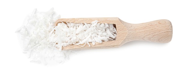 Photo of Coconut flakes in wooden scoop isolated on white, top view