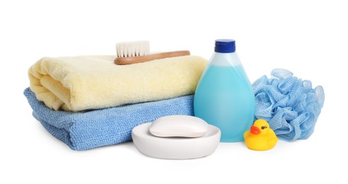 Photo of Baby cosmetic products, bath duck, accessories and towels isolated on white