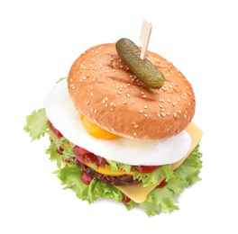 Photo of Tasty burger with fried egg on white background