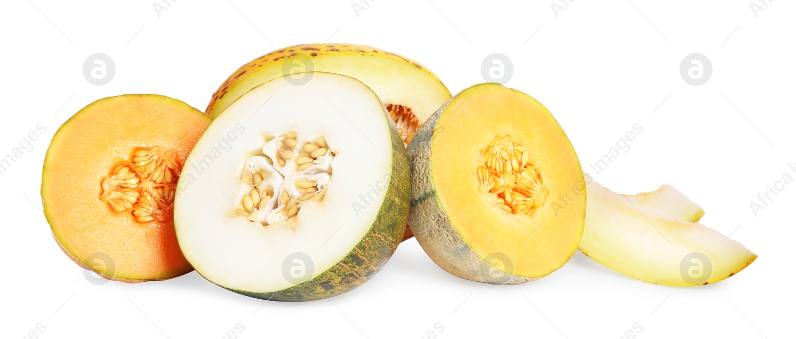 Tasty colorful ripe melons on white background Photo of Tasty colorful ripe melons on white background