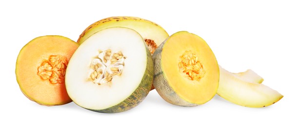 Tasty colorful ripe melons on white background