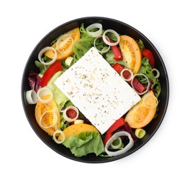 Photo of Bowl of tasty salad with leek and cheese isolated on white, top view
