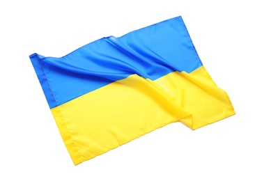 Photo of National flag of Ukraine isolated on white, top view