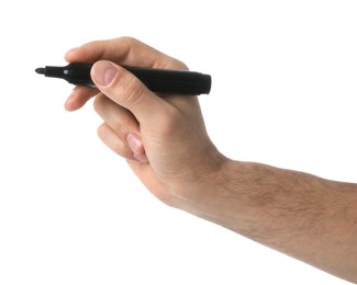 Photo of Man holding black marker on white background, closeup