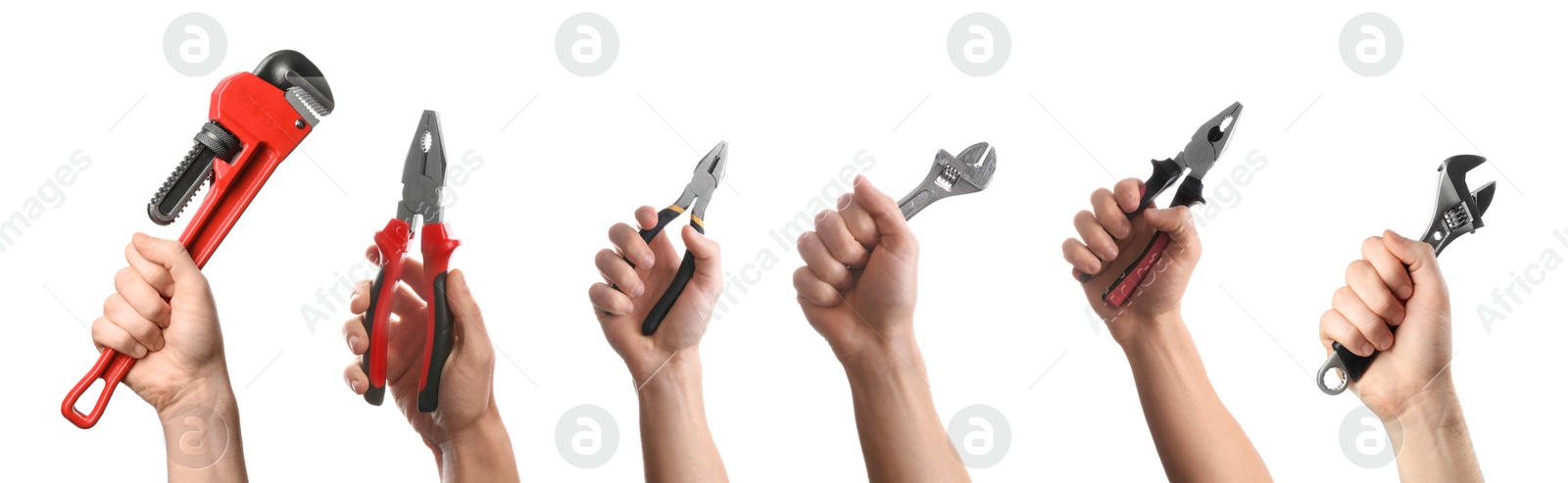 Image of Set with photos of plumbers holding different tools on white background, closeup. Banner design 