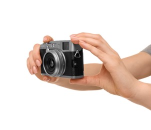 Photo of Photographer with camera on white background, closeup