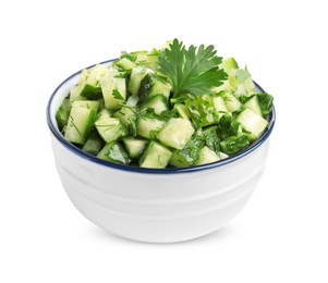 Photo of Bowl of delicious cucumber salad isolated on white