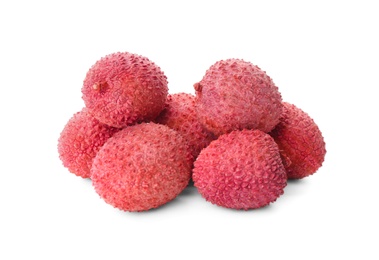 Photo of Pile of fresh ripe lychees on white background