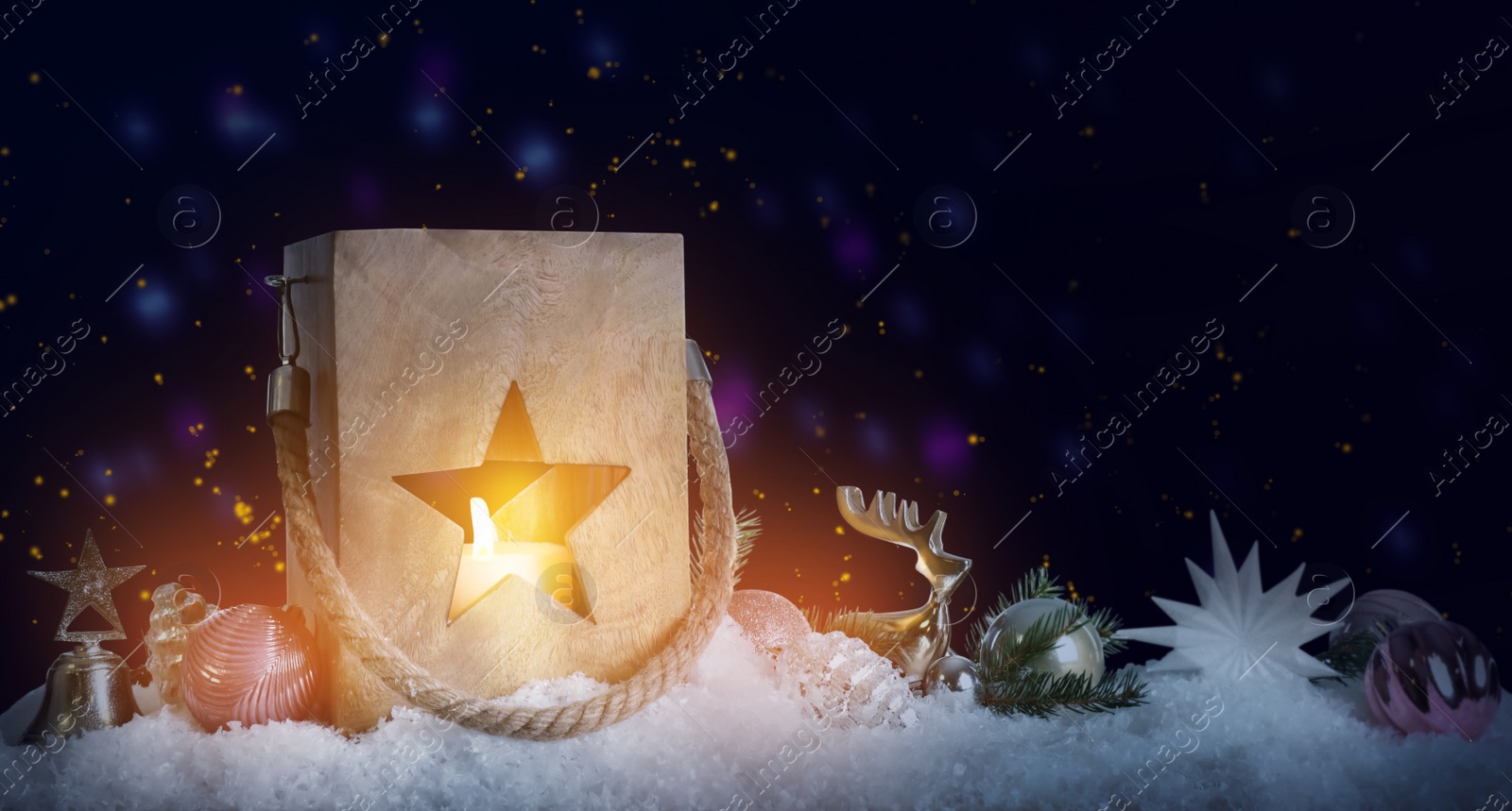 Image of Composition with wooden Christmas lantern on snow, space for text. Magical atmosphere 