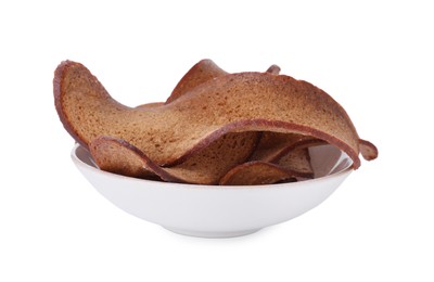 Photo of Delicious crispy rusks in bowl on white background