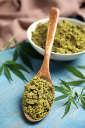 Photo of Hemp protein powder and fresh leaves on light blue wooden table, closeup