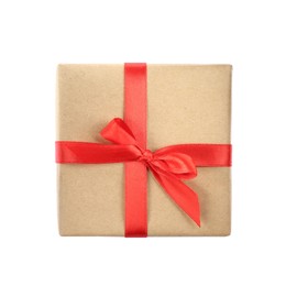 Photo of Beautiful gift box with red bow isolated on white, top view