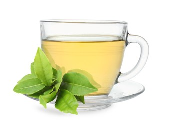 Image of Green tea in glass cup and green leaves isolated on white