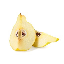Photo of Pieces of fresh ripe quince isolated on white