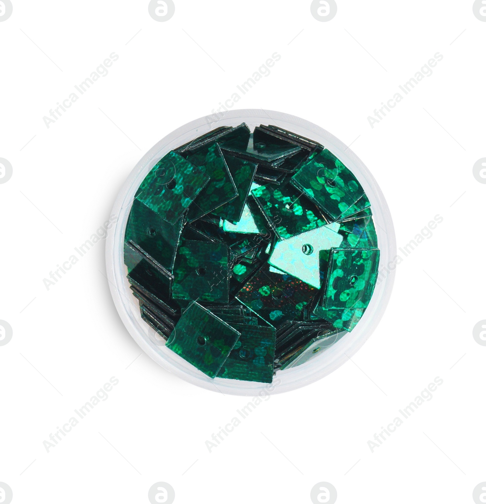 Photo of Green sequins in container isolated on white, top view
