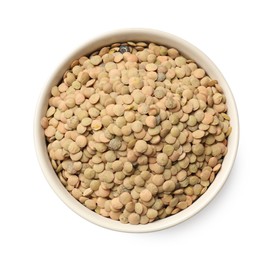 Photo of Raw lentils in bowl isolated on white, top view