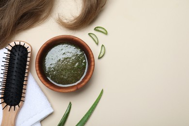 Photo of Flat lay composition with homemade hair mask and ingredients on beige background. Space for text