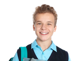 Photo of Happy boy in school uniform on white background