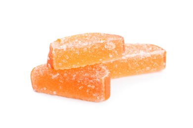 Photo of Tasty orange jelly candies isolated on white