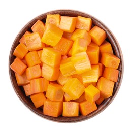 Photo of Bowl of delicious diced carrots isolated on white, top view