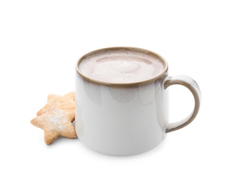 Photo of Delicious cocoa drink in cup and cookies on white background