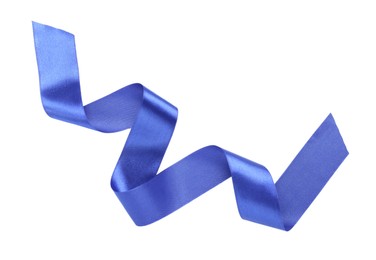 Photo of Beautiful blue ribbon isolated on white, top view
