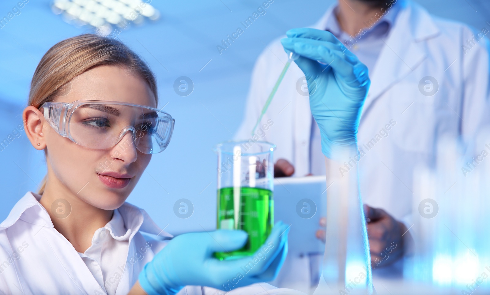 Photo of Female scientist working with sample in modern chemistry laboratory