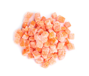 Photo of Pile of frozen carrots isolated on white, top view. Vegetable preservation