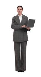 Photo of Beautiful businesswoman using laptop on white background