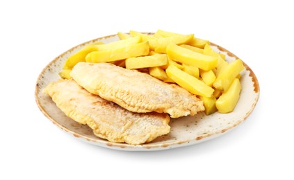 Photo of Delicious fish and chips isolated on white