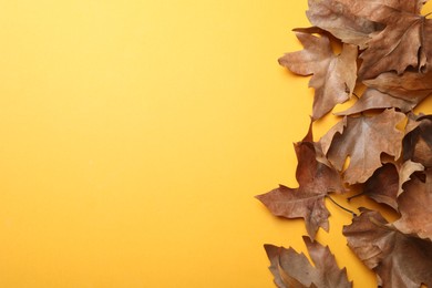 Photo of Dry autumn leaves on yellow background, flat lay. Space for text
