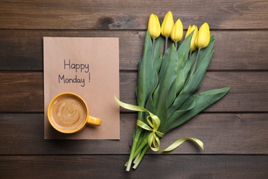 Happy Monday message, aromatic coffee and tulips on wooden table, flat lay