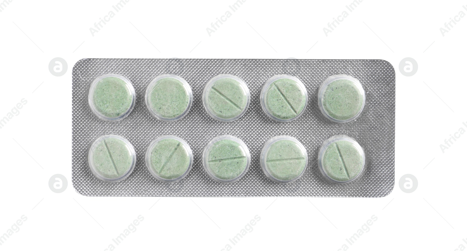 Photo of Blister of pills on white background, top view