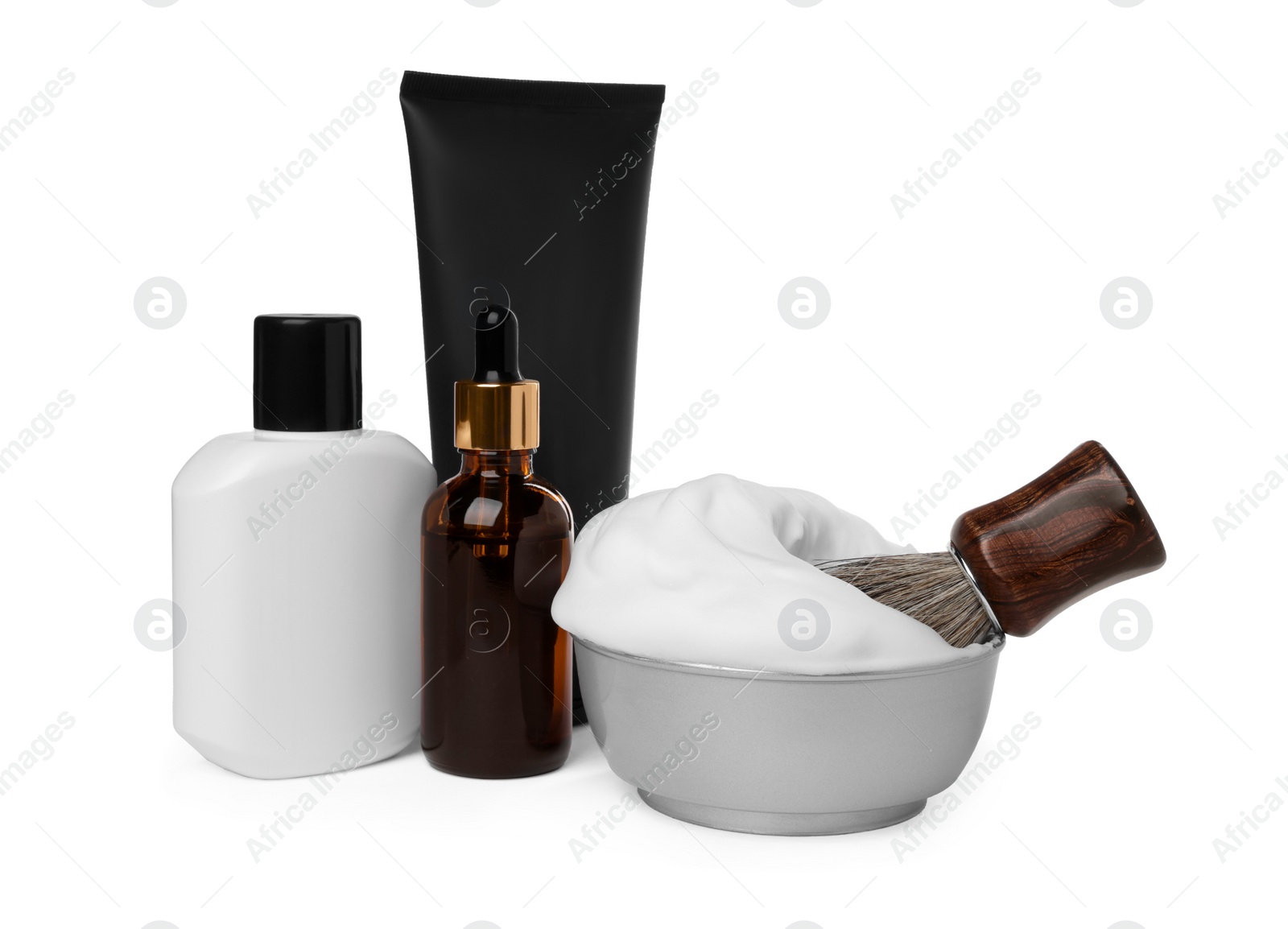 Photo of Set of men's shaving accessories on white background