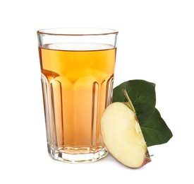 Glass with delicious cider, piece of ripe apple and leaves on white background