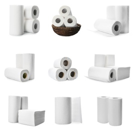 Set with rolls of paper tissues isolated on white