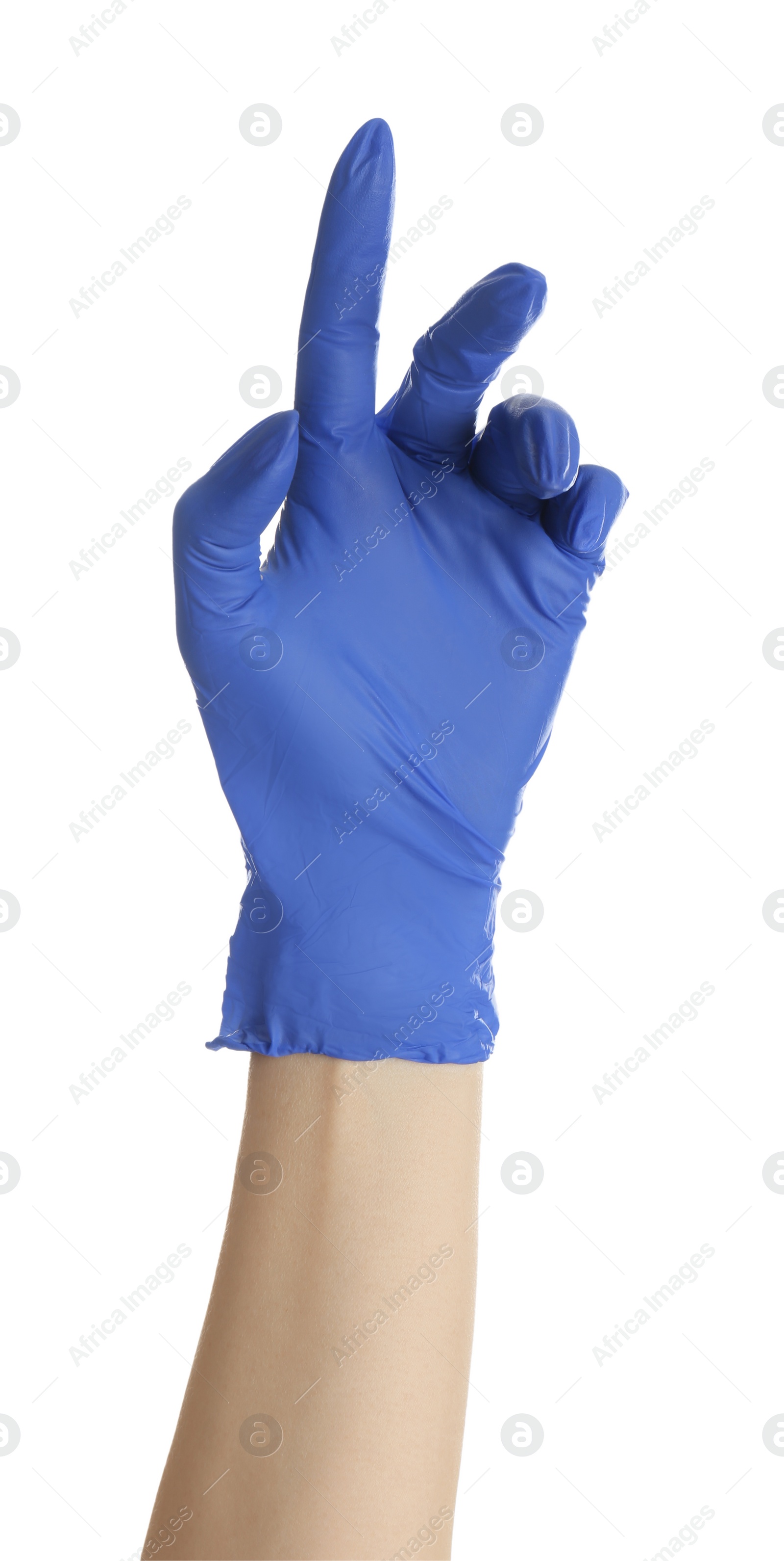 Photo of Woman in blue latex gloves holding something on white background, closeup of hand