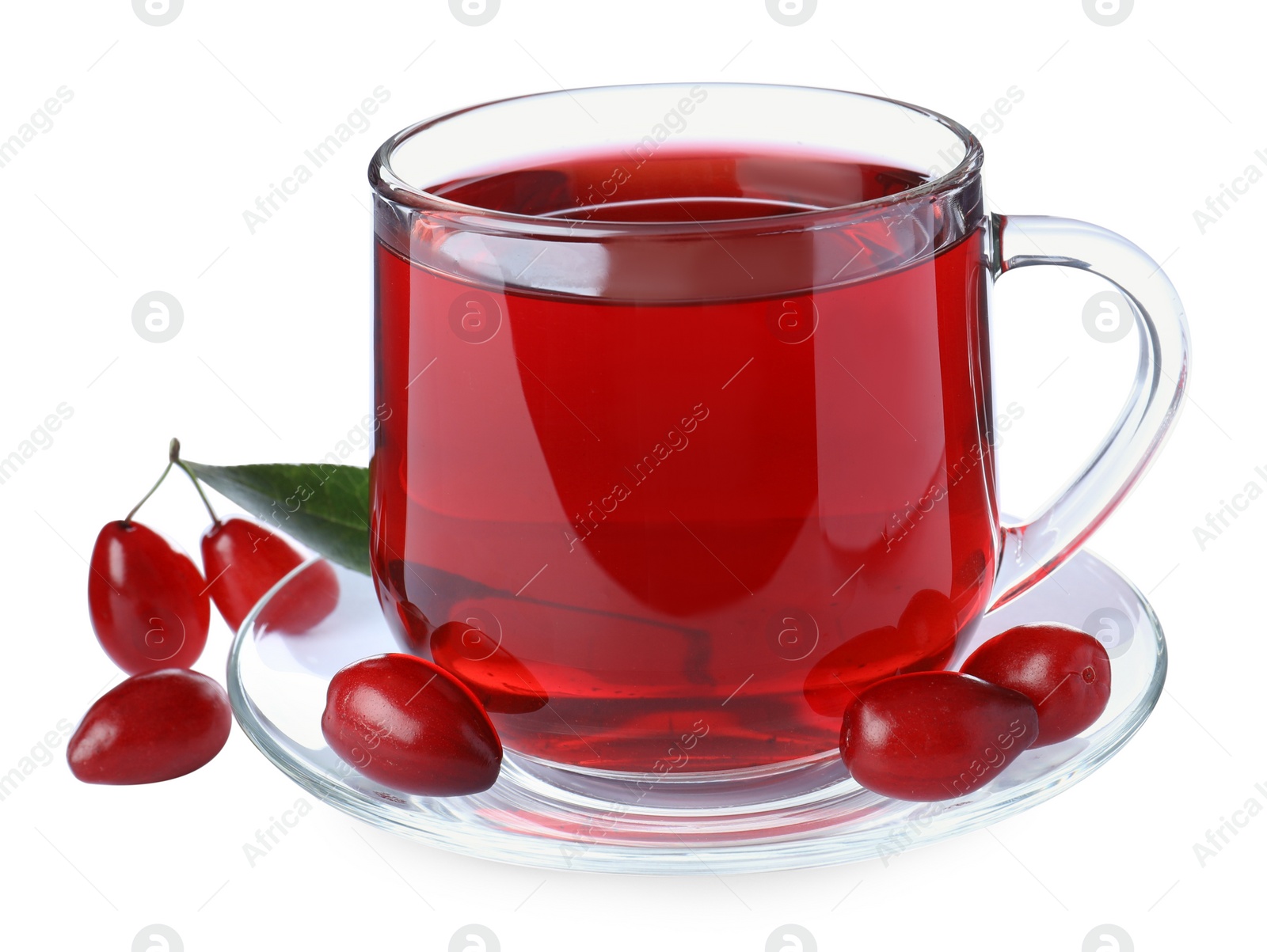 Photo of Glass cup of fresh dogwood tea, berries and leaf on white background