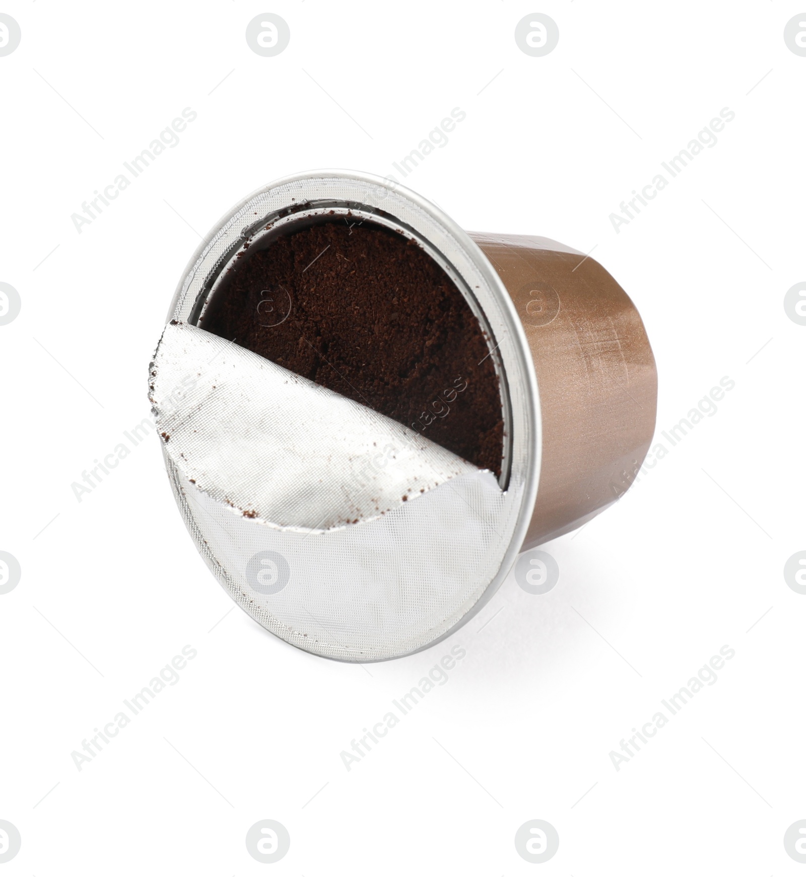 Photo of One open plastic coffee capsule isolated on white