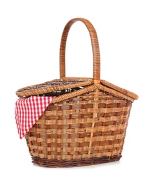Photo of Wicker basket for picnic on white background
