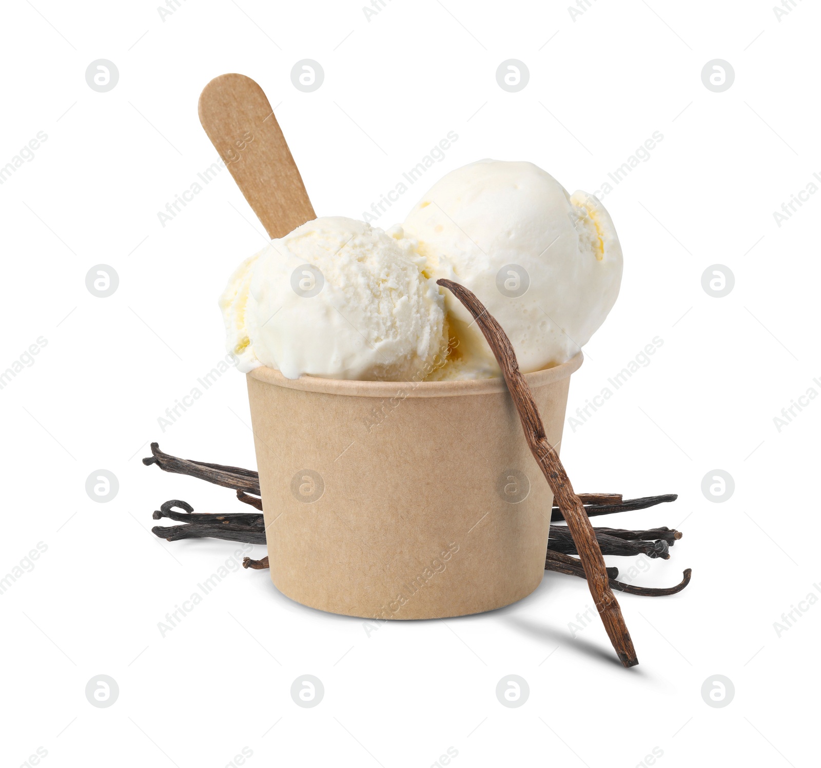 Image of Delicious vanilla ice cream in paper cup and vanilla pods isolated on white