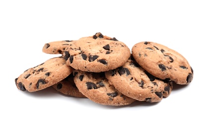 Delicious chocolate chip cookies on white background