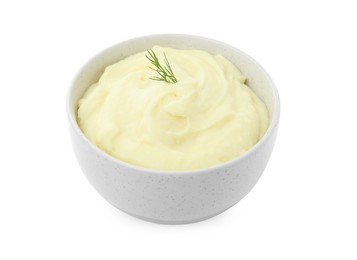 Bowl with freshly cooked homemade mashed potatoes isolated on white