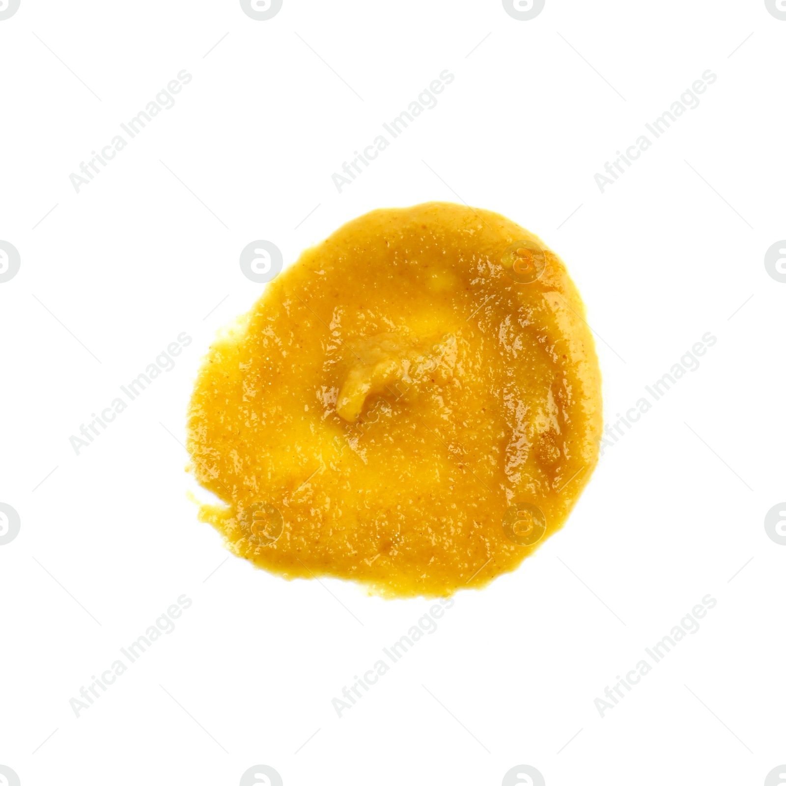 Photo of Fresh tasty mustard sauce isolated on white, top view